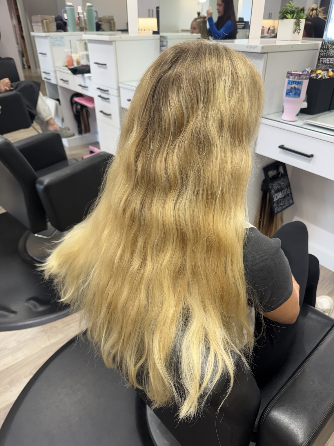 Before Anj's blonde refresh: long golden blonde hair